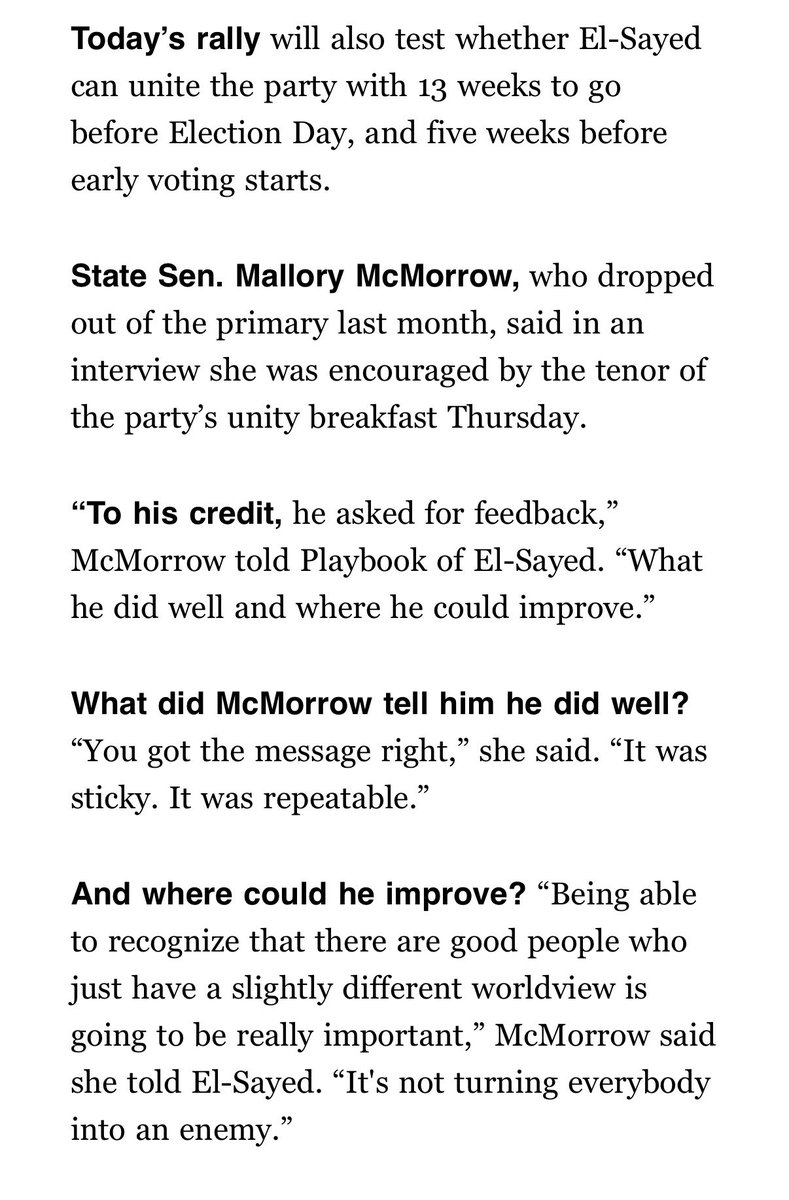adamwren's tweet photo. New in @playbookdc: @AbdulElSayed asked @MalloryMcMorrow for honest feedback about his campaign.

He nailed his message, she told him.

How could he improve? “Not turning everybody into an enemy,” she said. https://t.co/30yn4ycbQ4