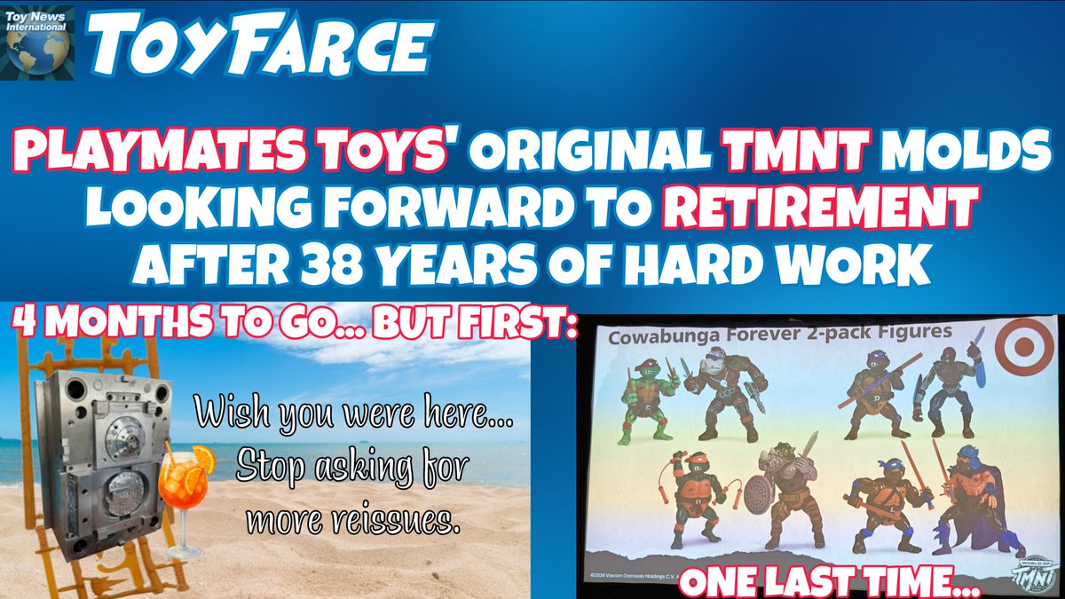 toyfarce's tweet photo. BREAKING NEWS:
PLAYMATES TOYS' ORIGINAL TMNT MOLDS LOOKING FORWARD TO RETIREMENT AFTER 38 YEARS OF HARD WORK!
https://t.co/biOd4ATC1T
#toyfarce #playmatestoys #tmnt #teenagemutantninjaturtles #steelmolds #factorymolds #retirement #hardwork #reissues #10back https://t.co/KWTDlguvpN