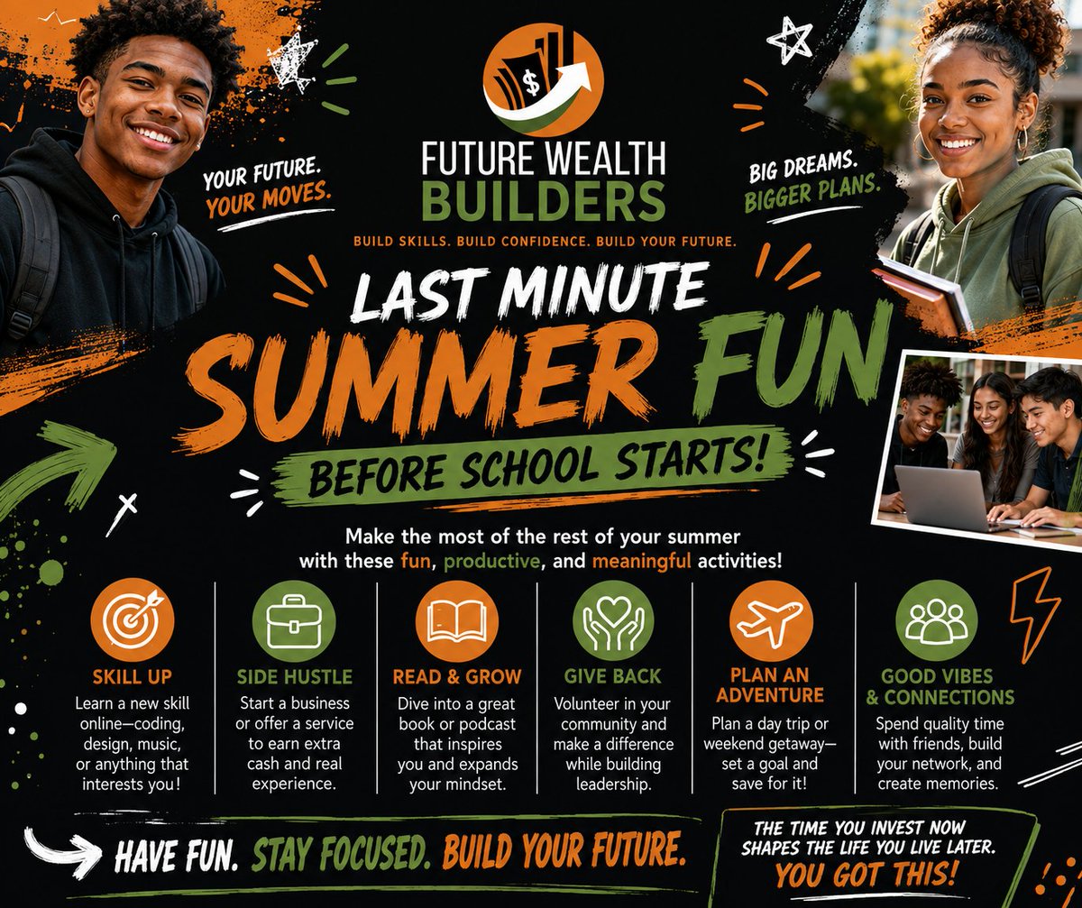ML_Outreach's tweet photo. ☀️ Make the most of the rest of your summer! Build a new skill, volunteer, read something inspiring, and spend time with people who help you grow. Every step you take today builds a stronger tomorrow. 💼

#FutureWealthBuilders #YouthLeadership #BackToSchool #FinancialSuccess #MLO https://t.co/oBnVS6AiE9