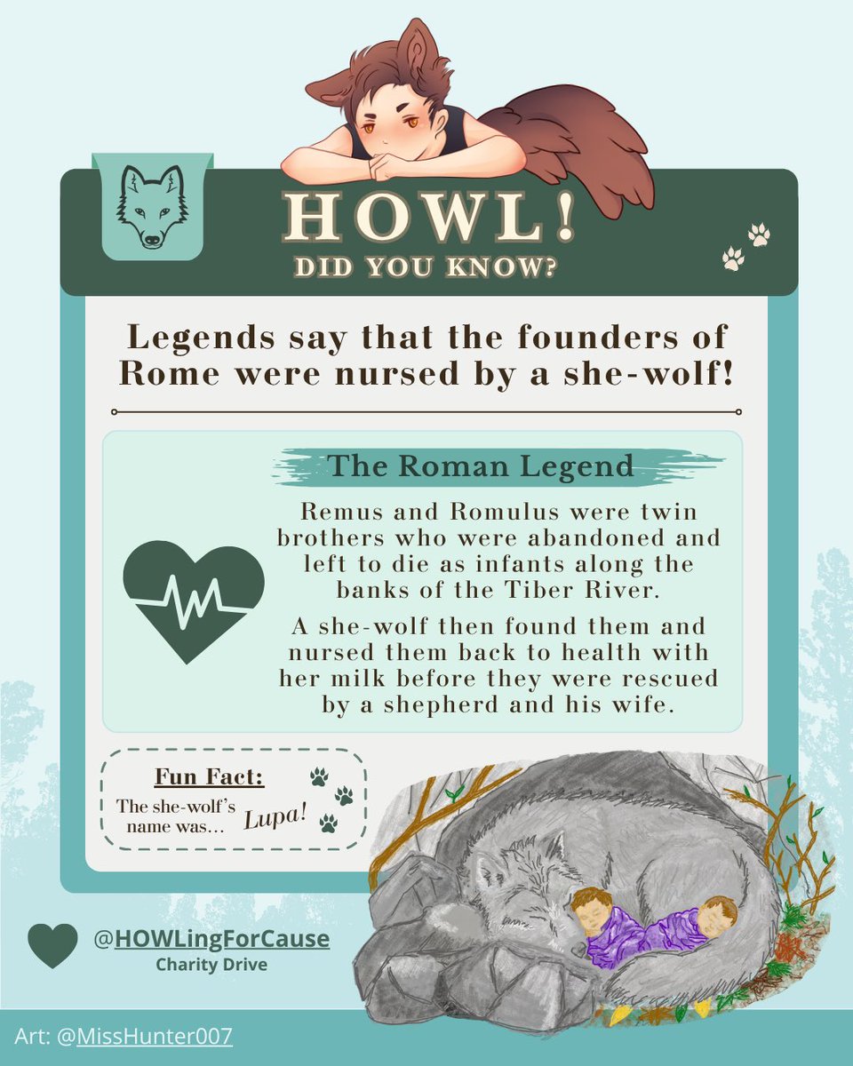 HOWLingForCause's tweet photo. Howl! Did you know? 🐺 

Today’s fact is about the legendary she-wolf who became one of the most enduring symbols of Rome by taking the twins who were abandoned by King Amulius under her wing (or, claws) 🐾

With this, she represents protection, resilience and motherhood! 💕 

Whether viewed as a myth or symbolism, this legend reminds us of the remarkable place wolves have held in the human history.

#ValkoIsLoved

🎨 @MissHunter007