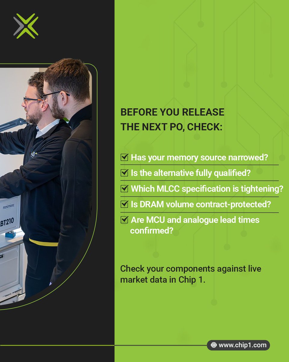 chip1exchange's tweet photo. Q4 sourcing shifts often begin before a shortage is announced.

A source exits. An alternative stays unqualified. A key spec gets harder to secure.

Chip1 helps procurement teams read these signals early and prioritise the next sourcing move.

#Chip1 #ComponentSourcing https://t.co/7FauP0D62U