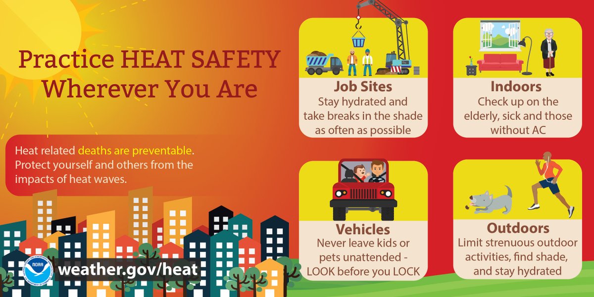 RhodeIslandEMA's tweet photo. 🌡️ Hot temperatures combined with high humidity will create dangerous conditions that increase the risk of heat-related illnesses.

Stay safe by:
💧 Drinking plenty of water—even if you don't feel thirsty.
🏠 Spending time in air-conditioned spaces whenever possible.
👕 Wearing lightweight, light-colored clothing.
⏰ Limiting strenuous outdoor activities to the early morning or evening.
👵 Checking on older adults, young children, neighbors, and anyone without access to air conditioning.
🐾 Making sure pets have plenty of fresh water and shade—never leave children or pets in a parked vehicle.

Stay weather-aware and take precautions to protect yourself and those around you.