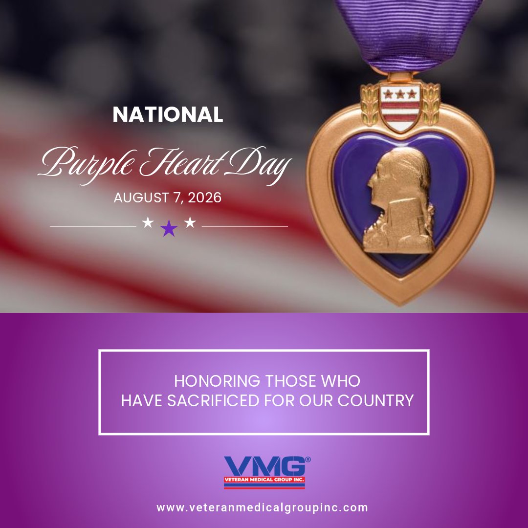 VeteranMedGroup's tweet photo. Today, on National Purple Heart Day, we pause to honor the incredible sacrifices made by our nation's wounded and fallen heroes. Their courage will never be forgotten. We are grateful for your service. 💜 #NationalPurpleHeartDay #MilitarySacrifice #VMG https://t.co/PeLyXGPnMk