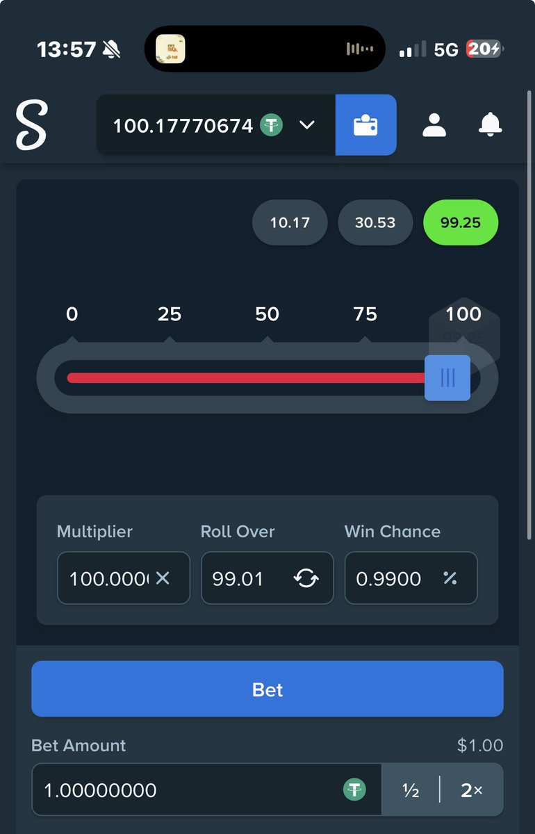 slytheecreator's tweet photo. $1 → $100 😭😭😭

a few days ago, Stake emailed me a bonus code.

i decided to check it out today &amp; they gave me $3. 

so i decided to just all 100X on Dice with $1 per round 

and on the very last try, it hit. 😂

ty @Stake <3 https://t.co/VDpYTVleXM