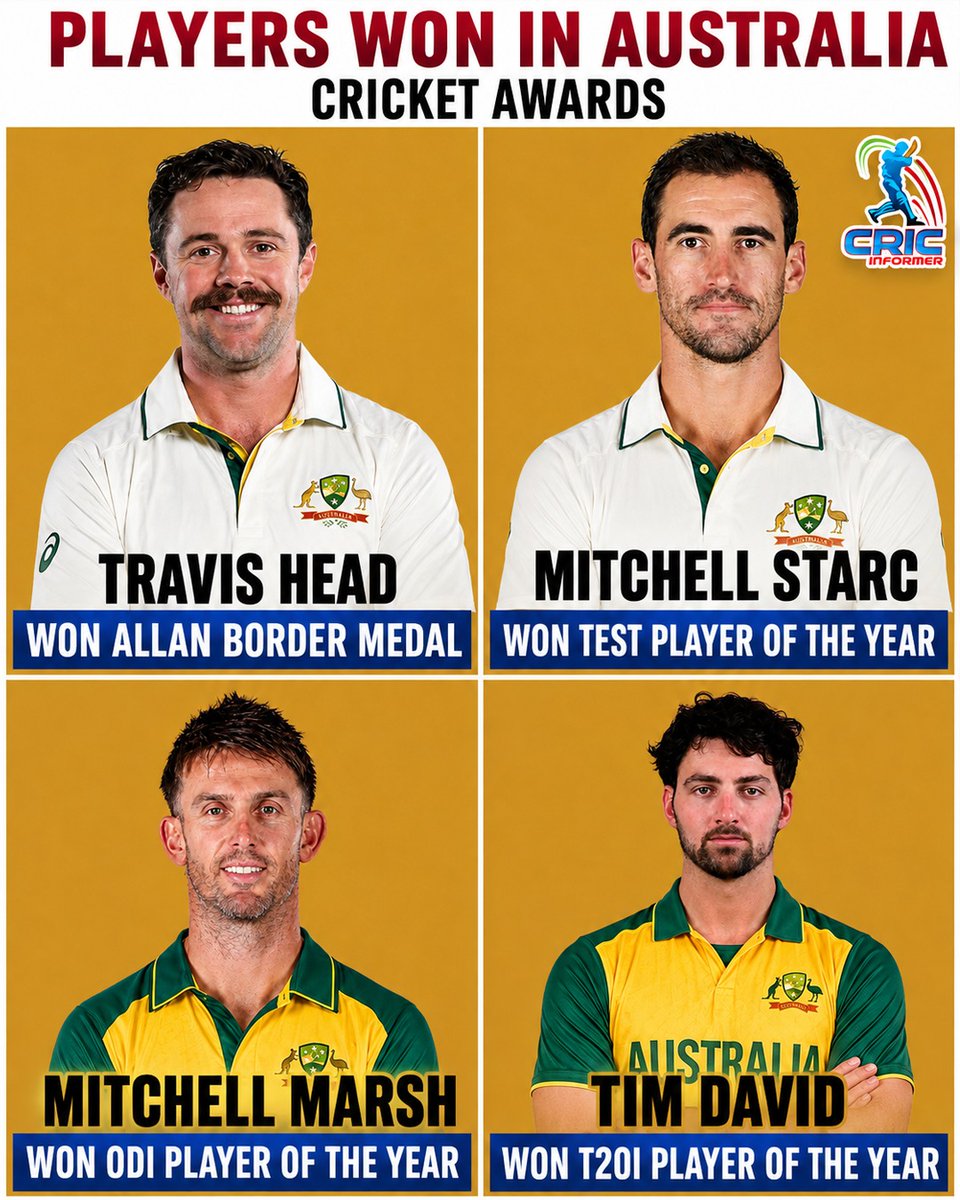 CricInformer's tweet photo. 🚨 PLAYERS WON IN AUSTRALIA CRICKET AWARDS 🚨
- Travis Head won Allan Border Medal.
- Mitchell Starc won Test Player of the Year.
- Mitchell Marsh won ODI Player of the Year.
- Tim David won T20I Player of the Year.
#Timdavid #Trevishead #mitchellstarc #mitchellmarsh https://t.co/VNXRdhRozS