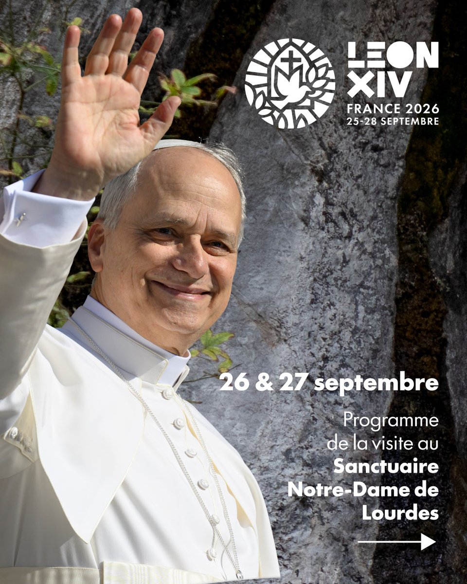 lourdes_france's tweet photo. Le Vatican vient de publier le programme détaillé du Voyage apostolique en France du pape Léon XIV.

Voici le programme de l'étape à Lourdes les 26 &amp; 27 septembre 2026.

En savoir plus👉 https://t.co/7HAEkEKW2D https://t.co/kRakQydIDm