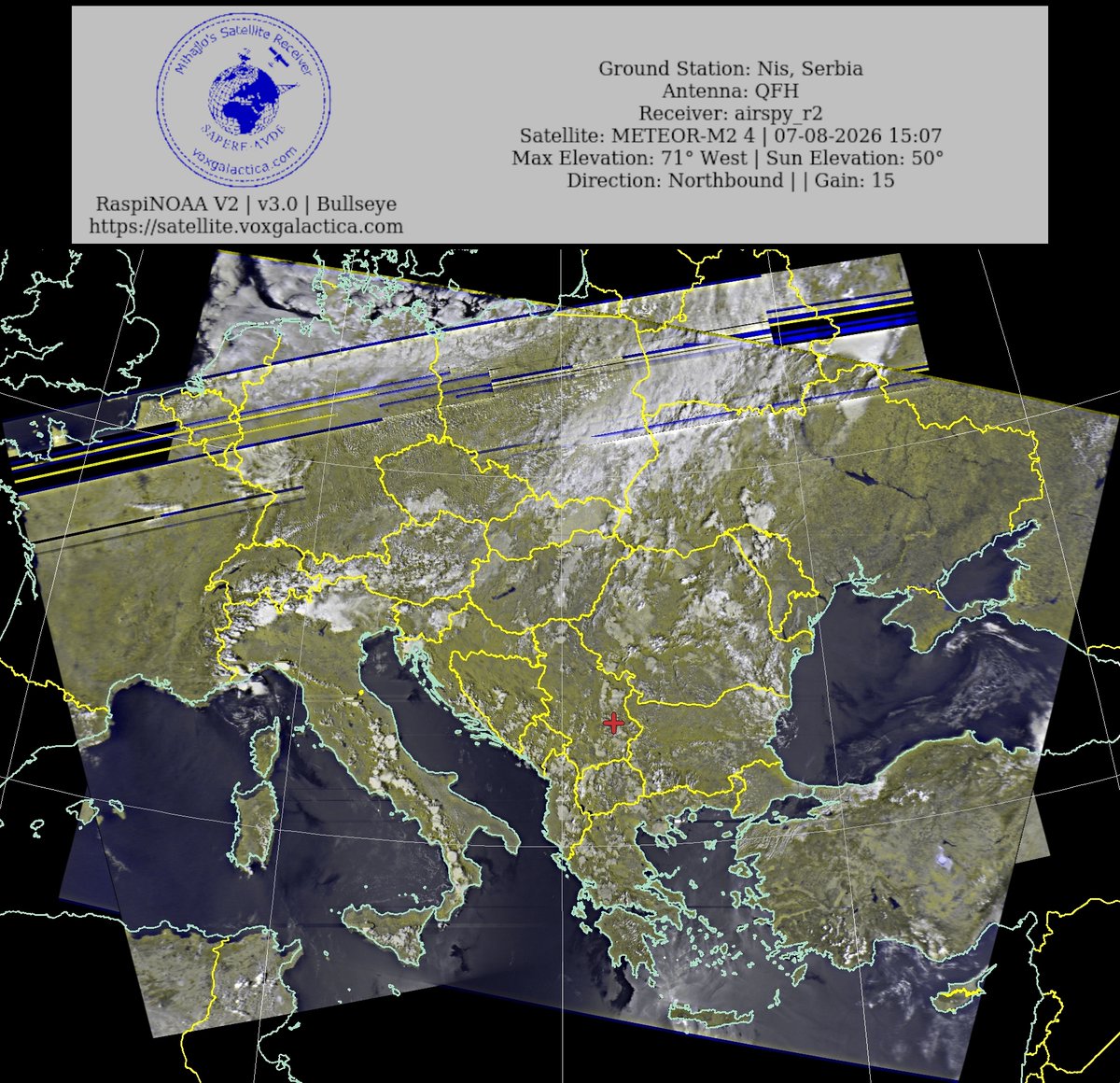 MihajloPi's tweet photo. 🇷🇸Ground Station: Nis, Serbia METEOR-M2 4 07-08-2026 14:52 CEST Max Elev: 71° W Sun Elevation: 50° Gain: 15 | Northbound
#NOAA #NOAA15 #NOAA18 #NOAA19 #MeteorM2_3 #MeteorM2_4 #weather #weathersats #APT #LRPT #wxtoimg #MeteorDemod #rtlsdr #gpredict #raspberrypi #RN2 #ISS https://t.co/2iWNXt2Ue1