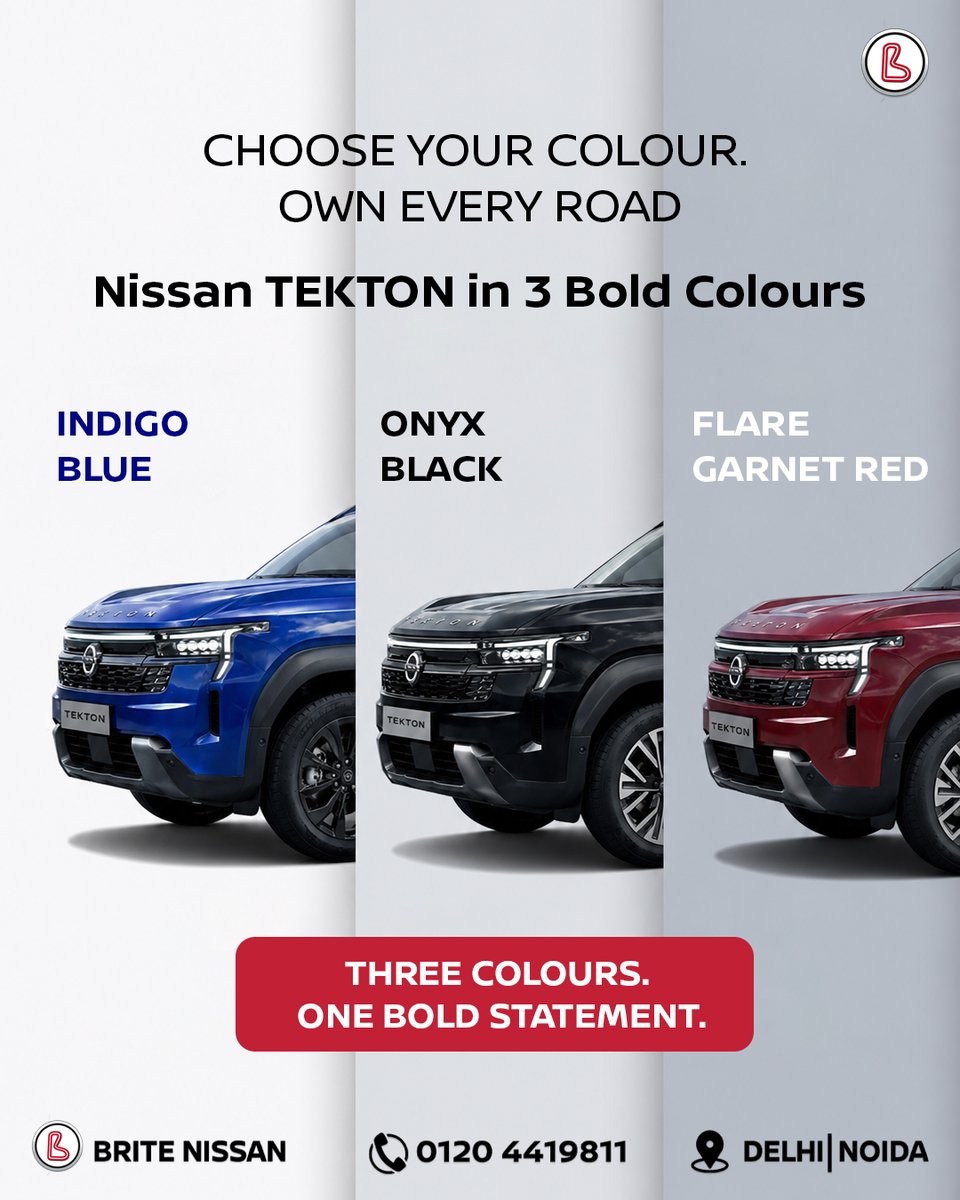 BriteNissan's tweet photo. Three colours. Endless possibilities. 🔴⚫🔵

Red, Black or Blue — which Nissan TEKTON matches your personality?

Experience it at Brite Nissan.
📍 Delhi | Noida
📞 0120 4419811
#BriteNissan #NissanTEKTON #TEKTON #NissanIndia https://t.co/4uBaZoi9Kv