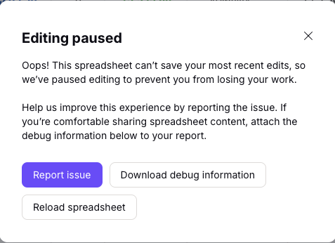 vi_malik17's tweet photo. @ProtonDrive @ProtonSupport 

Getting "Editing paused" errors repeatedly in Proton Sheets ("can't save your most recent edits"). Reloading doesn't fix it long-term — keeps recurring. Losing work/time. @ProtonMail any known issue or fix? https://t.co/nI2d1xF6VR