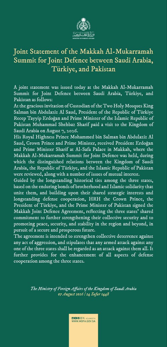 RaiReportMedia's tweet photo. Makkah Joint Defence Agreement (#MJDA) between 🇸🇦 #SaudiArabia 🇹🇷 #Turkiye 🇵🇰 #Pakistan
"Attack against any one of the three states shall be regarded as an attack against them all" https://t.co/R5NuMsV4YX