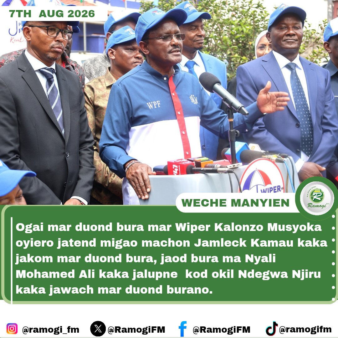 RamogiFM's tweet photo. Ogai mar duond bura mar Wiper Kalonzo Musyoka oyiero jatend migao machon Jamleck Kamau kaka jakom mar duond burano, jaod bura ma Nyali Mohamed Ali kaka jalupne  kod okil Ndegwa Njiru kaka jawach mar duond burano.#RamogiFMNews https://t.co/e0zRj9z2Qz