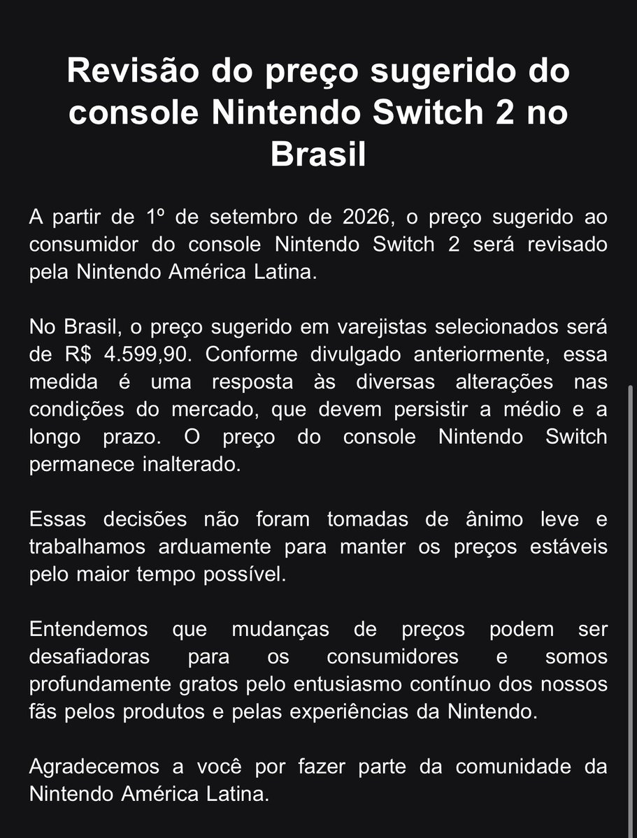 rodrigocoelhoc's tweet photo. Nintendo Brasil confirma novo preço oficial do Nintendo Switch 2 🇧🇷: R$ 4.599,90. https://t.co/2C242pdVhH