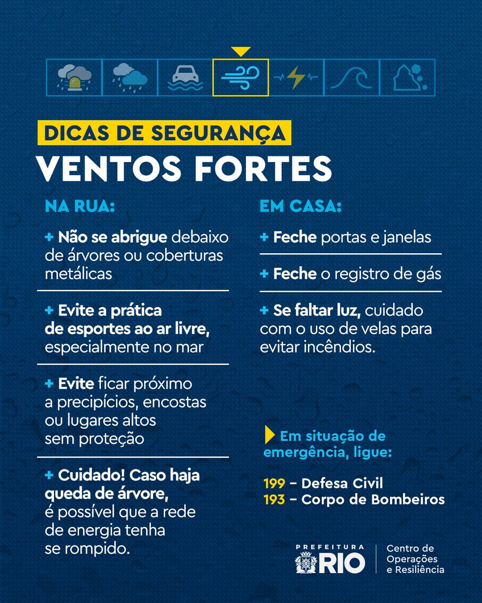 Prefeitura_Rio's tweet photo. ⚠️ ATENÇÃO, CARIOCA: PARQUES FECHADOS A PARTIR DESTA SEXTA (07/08)

Devido à previsão de ventos muito fortes acima de 90 km/h, todos os Parques Naturais e Urbanos da cidade estarão temporariamente fechados a partir do meio-dia de hoje, como medida preventiva de segurança.

Ventos dessa intensidade podem provocar queda de árvores e galhos, além de outros riscos. A medida visa garantir a proteção de todos os frequentadores e trabalhadores desses locais.

Recomendações importantes para hoje:
• Evite praticar atividades ao ar livre em áreas com árvores ou estruturas temporárias.
• Não se abrigue debaixo de árvores ou coberturas metálicas.
• Acompanhe as atualizações em tempo real no perfil do @operacoesrio .
