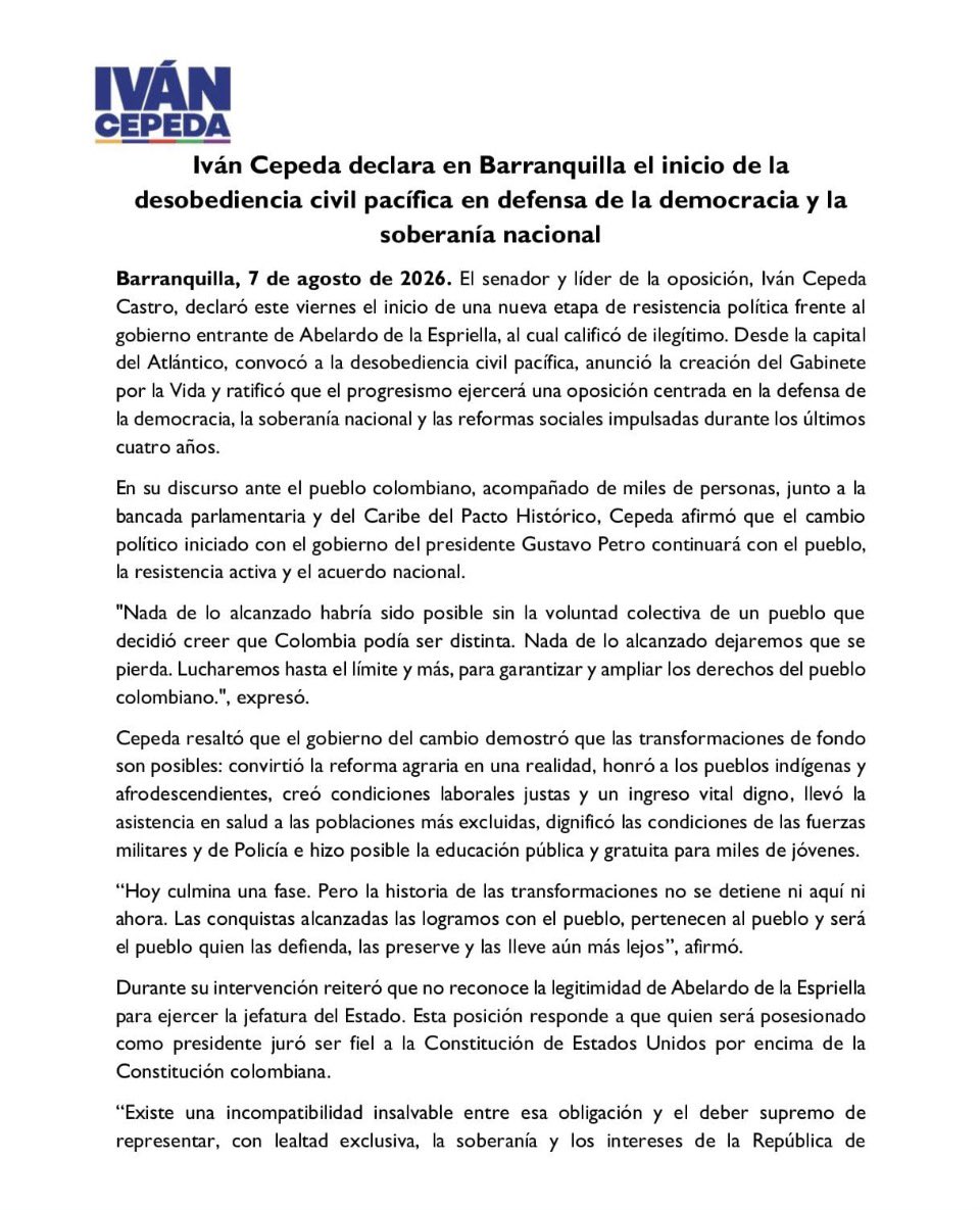 IvanCepedaCast's tweet photo. Iván Cepeda declara en Barranquilla el inicio de la desobediencia civil pacífica en defensa de la democracia y la soberanía nacional https://t.co/cmN2acvttY