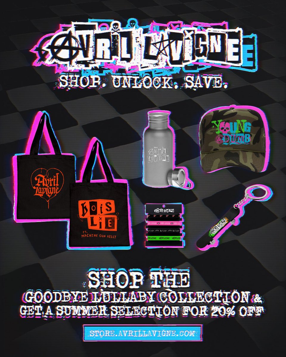 AvrilLavigne's tweet photo. Shop from the Goodbye Lullaby merch collection and get 20% off a summer selection! https://t.co/CVFBv73y5g https://t.co/JGgZhHPYE6