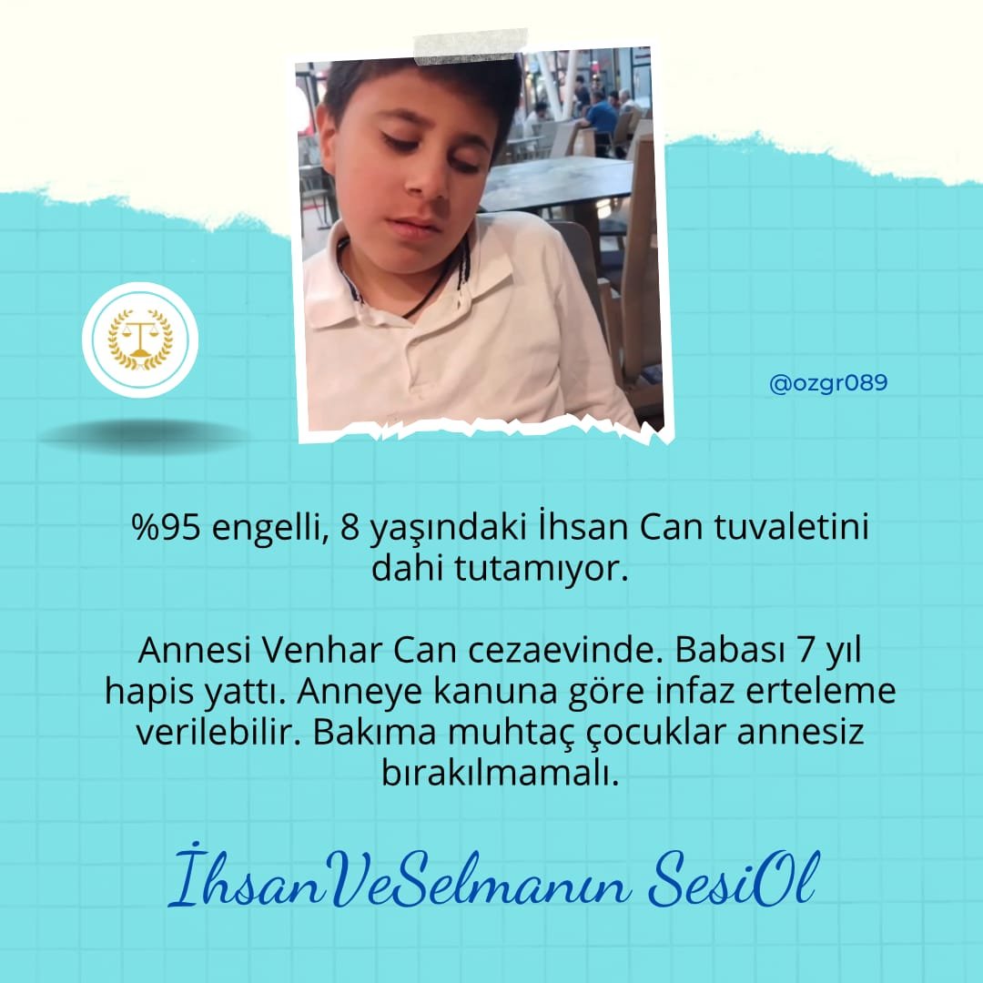5519Neda79259's tweet photo. %95 bedensel, zihinsel ve görme engelli olan 8 yaşındaki İhsan, öz bakımını bile tek başına karşılayamıyor. Annesi öğretmen Venhar Can'ın tutuklanması bu aileyi ağır bir insani krize sürükledi. Engelli bir çocuğun yeri annesinin yanıdır! 
♿️🕊️
İhsanVeSelmanın SesiOl https://t.co/kWCGFujXPk