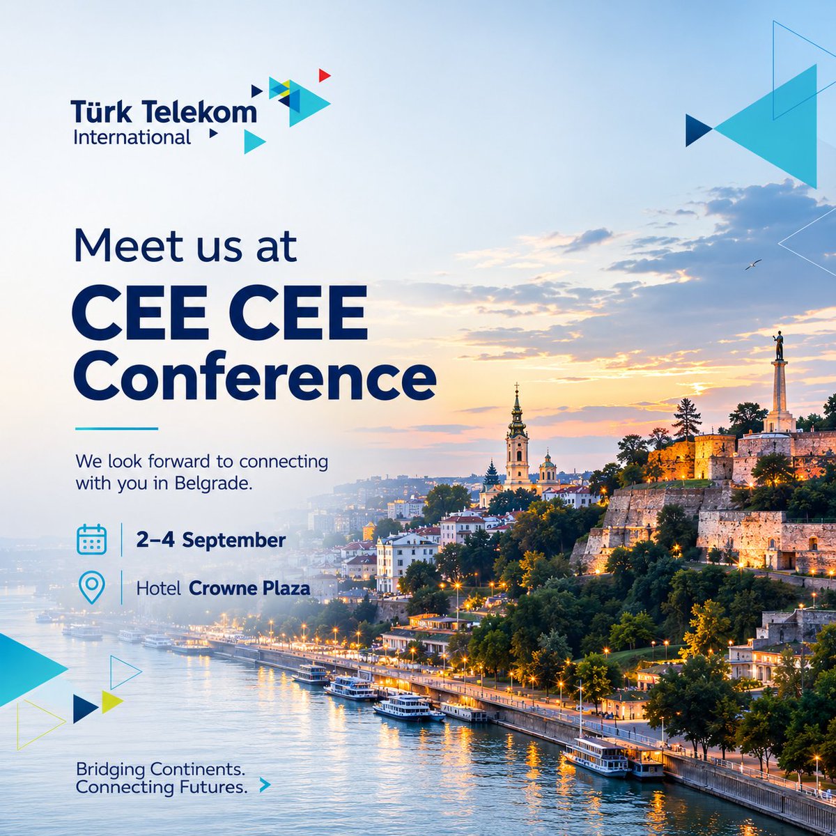 turktelekomint's tweet photo. We are excited to be a part of CEE CEE Conference that will take place at Hotel Crowne Plaza in Belgrade between 2-4 of September 2026. 
#BridgingContinents #TTI #TürkTelekomInternational https://t.co/8eYSpAI5nE