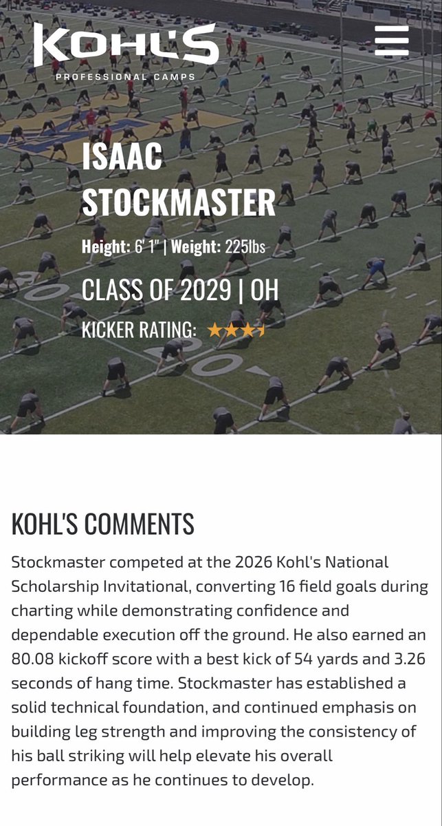i_stockmaster's tweet photo. Had an amazing time and experience at the @KohlsKicking  National Scholarship Invitational Showcase.  Thanks to Coach @D_Madden_Punter for the help and giving me this opportunity to show what I can do on the field. https://t.co/aRIuTcNBCN