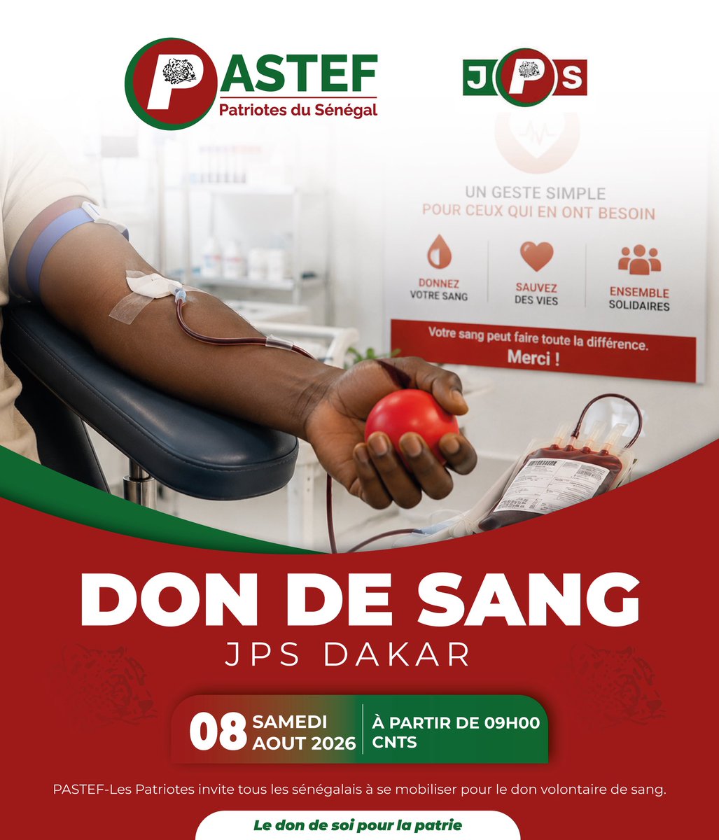 PastefOfficiel's tweet photo. 📌En réponse à l'appel du Bureau politique national de Pastef Les Patriotes, la JPS DAKAR invite toute la jeunesse à  rejoindre ce samedi le CNTS pour un grand don de sang.
Chaque goutte versée est une vie sauvée, une famille soulagée et la preuve concrète de notre solidarité.
Ne manquons pas ce rendez-vous avec le devoir :
📍 Lieu : CNTS (Hôpital Fann)
📅 Date : Ce samedi
⏰ Heure : À partir de 09h00