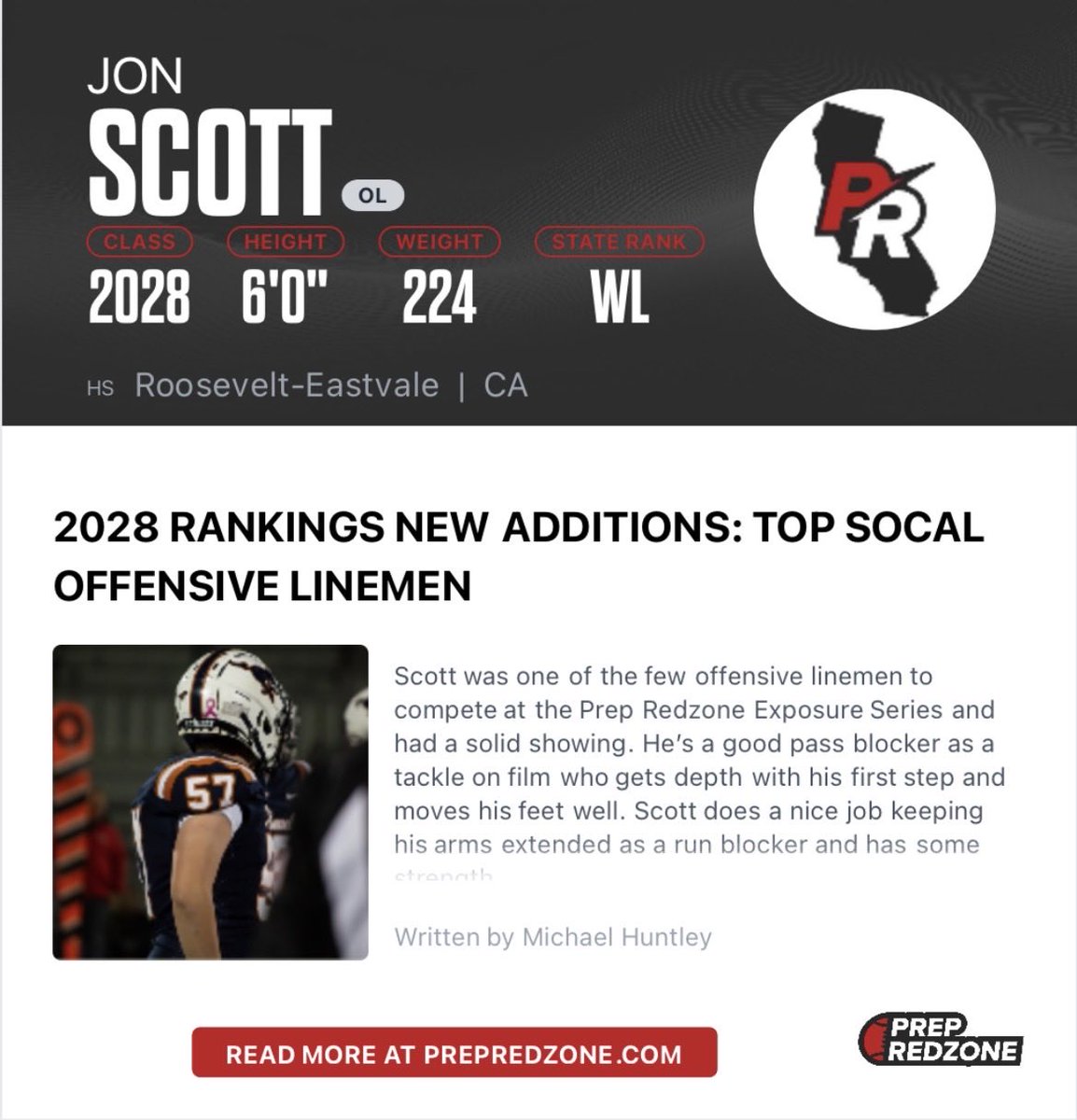 Jon_ScottOL57's tweet photo. I am honored for the article mention and write up. 2028 Rankings New Additions: Top SoCal Offensive Linemen: @PrepRedzoneCA @mikehuntley63 @RooseyFB @aaroncrone11 @CoachC_Arreola https://t.co/A2vIu9Psar