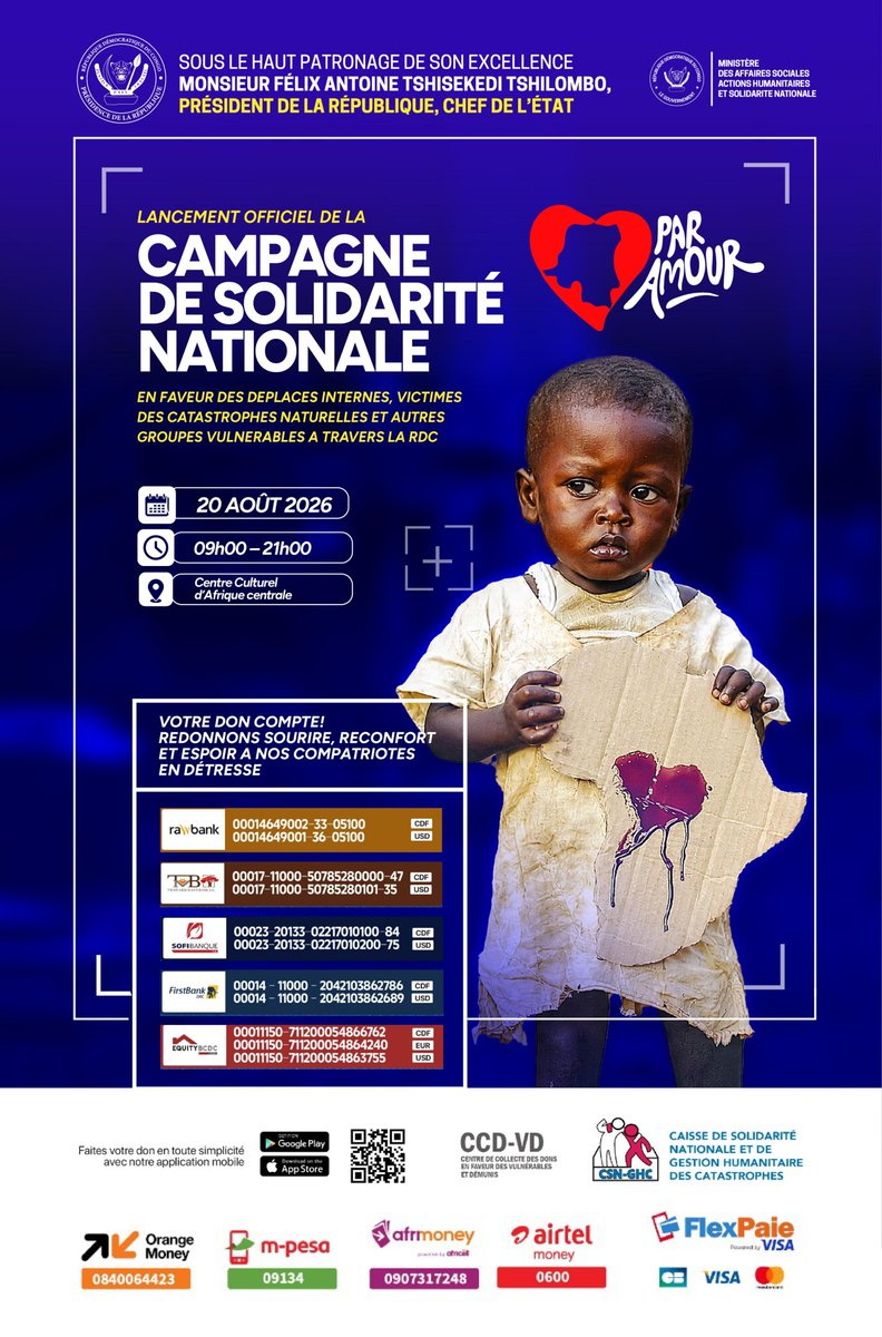 acprdcongo's tweet photo. #RDC : le début de la campagne de solidarité nationale en faveur des déplacés internes, victimes de catastrophes naturelles et autres groupes vulnérables à travers la République démocratique du Congo est prévu le 20 août, à #Kinshasa, selon un communiqué du ministère des Affaires sociales consulté vendredi par l'ACP.

Placée sous le haut patronage du Président de la République, cette activité vise à mobiliser des fonds pour une réponse efficace face à la crise humanitaire que connaît le pays, surtout dans la partie orientale depuis plusieurs décennies avec la persistance des conflits armés, ainsi que les catastrophes naturelles.

Des comptes bancaires et mobile money sont prévus pour recevoir les différents dons.