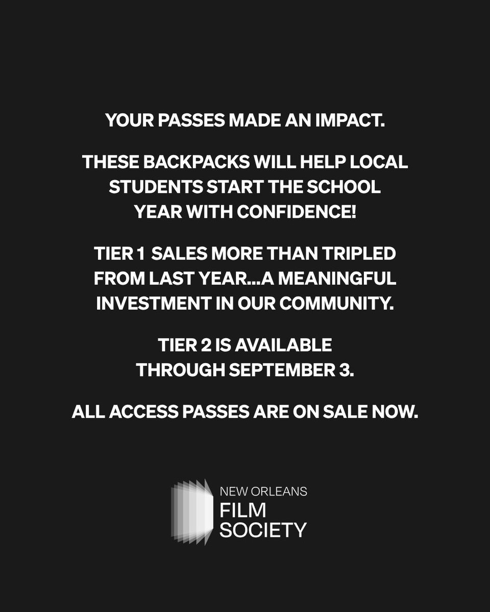 NOFS's tweet photo. Tier 2 is available through September 3, and All Access Passes are on sale now. 

Every purchase helps support the New Orleans Film Society’s mission to celebrate independent film while investing in meaningful community partnerships like KickNBack. 3/4 https://t.co/JvDLXjlhr7