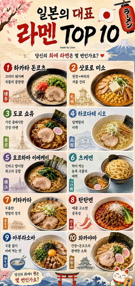 LioraSolveil's tweet photo. 🇯🇵 일본의 대표 라멘 TOP 10

1. 하카타 돈코츠 
– 크리미 돼지뼈 국물의 끝판왕
2. 삿포로 미소 
– 된장+버터의 겨울 진리
3. 도쿄 쇼유 
– 가장 클래식한 간장 라멘
4. 하코다테 시오 
– 담백함의 미학
5. 요코하마 이에케이 
– 진하고 밥이랑 최고의 궁합
6. 츠케멘 
– 찍어 먹는 농축 국물의 매력
7. 키타카타 
– 두툼한 면발의 정석
8. 탄탄멘 
– 매콤 고소한 중독성
9. 아부라소바 
– 국물 없이 비�� 먹는 맛
10. 와카야마 
– 간장+돈코츠의 완벽한 조화

네가 제일 좋아하는 라멘은 몇 번이야?