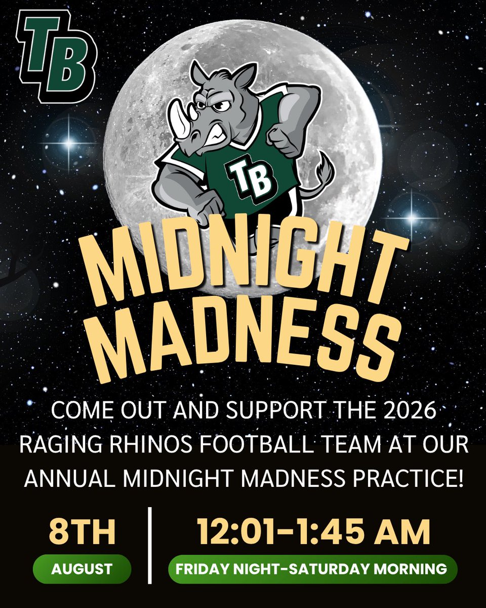 12BridgesFball's tweet photo. The tradition continues… 

🌙 Midnight Madness returns this Friday night into Saturday morning.

At 12:01 AM, the lights come on, the pads go on, and the work begins.

Our first padded practice of the year is built on tradition and brotherhood. 🦏
#RagingRhinos
#SOUL
#TB4L https://t.co/X1kRHAGTcP