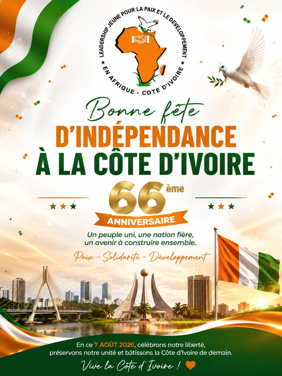 lejepadci's tweet photo. 66 ans d’indépendance !
En ce 7 août 2026, la Côte d’Ivoire célèbre son 66ᵉ anniversaire d’Indépendance.
Que cette fête soit placée sous le signe de la paix, la solidarité et le développement!
Bonne fête de l’Indépendance à toutes et à tous ! 
#IndependanceCI #7Août https://t.co/jIMd8tG6k9