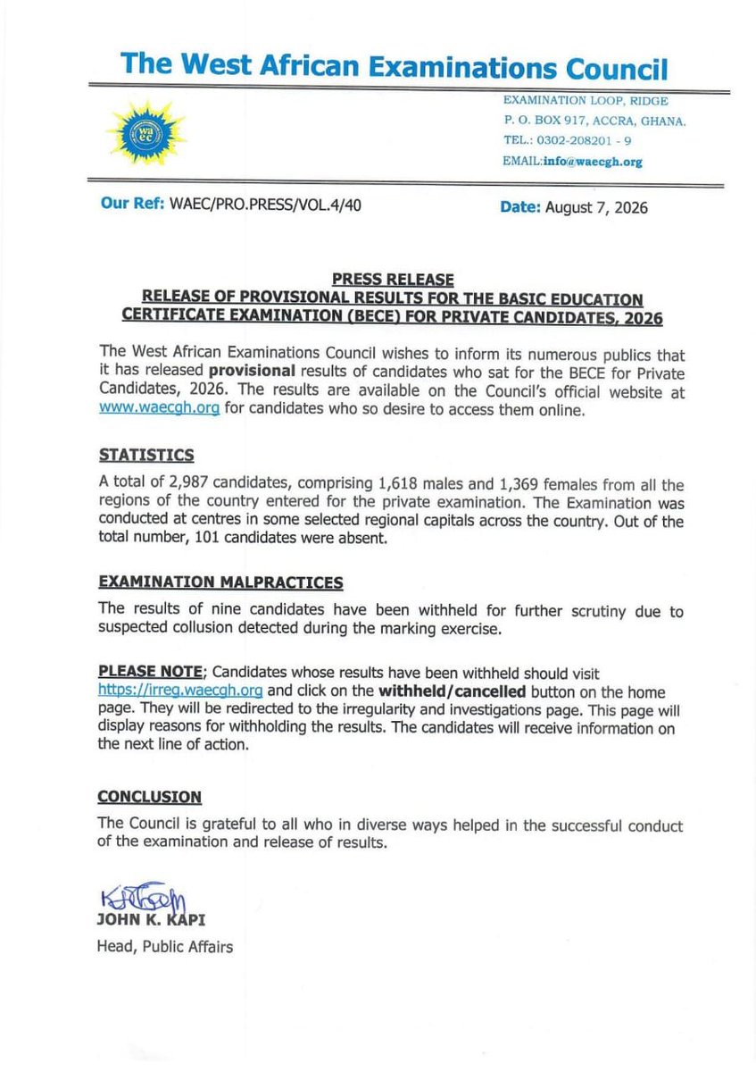 financiallexis's tweet photo. Just in📍📍📍

2026 BECE private candidates results released by WAEC

Results checker's available on *389*223# or any of the process on flier

#resultscheckershub 
#2026beceresults https://t.co/fseJV7OGNK
