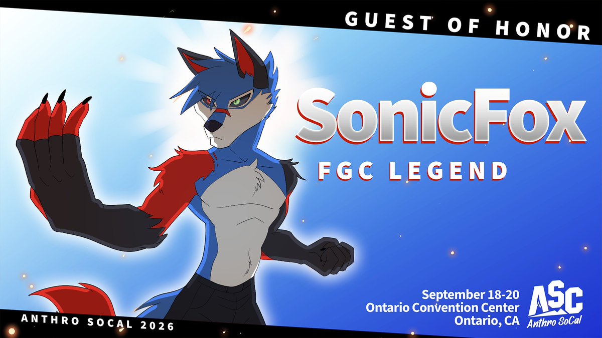 AnthroSocal's tweet photo. Our final GOH for #ASC2026: We're honored to have @SonicFox! They're a multi-EVO champion, a master of many fighting games, &amp; also a furry! They're challenging Anthro SoCal this year with "1v1s for Charity".. will you be able to go toe-to-toe? 
Please give them a warm welcome! 💙 https://t.co/JfaQkx84XX