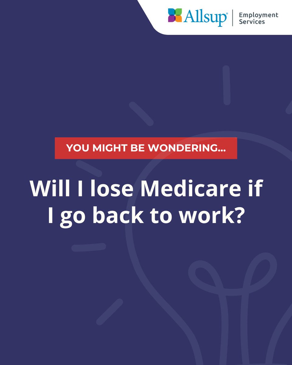AllsupESwork's tweet photo. Will you lose Medicare if you go back to work?
Not necessarily. The Ticket To Work Program includes work incentives that help you keep Medicare when you return to work if you meet the program requirements.
https://t.co/QE6bkVTaek
#ReturnToWork #TicketToWork #AllsupES https://t.co/Skg992sPZn