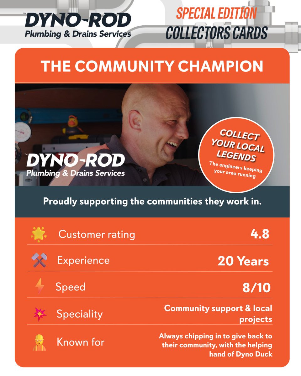 DynoKent's tweet photo. 🃏 Collect your local legends: the engineers keeping your area running!

Not all legends just fix problems… they love to give back to the communities they serve 🏘️

🧡Meet The Community Champion 🤝🦆

👉 https://t.co/lORHWH0WJw

#DynoRod #LocalLegends #Community https://t.co/bEHlNCVroc