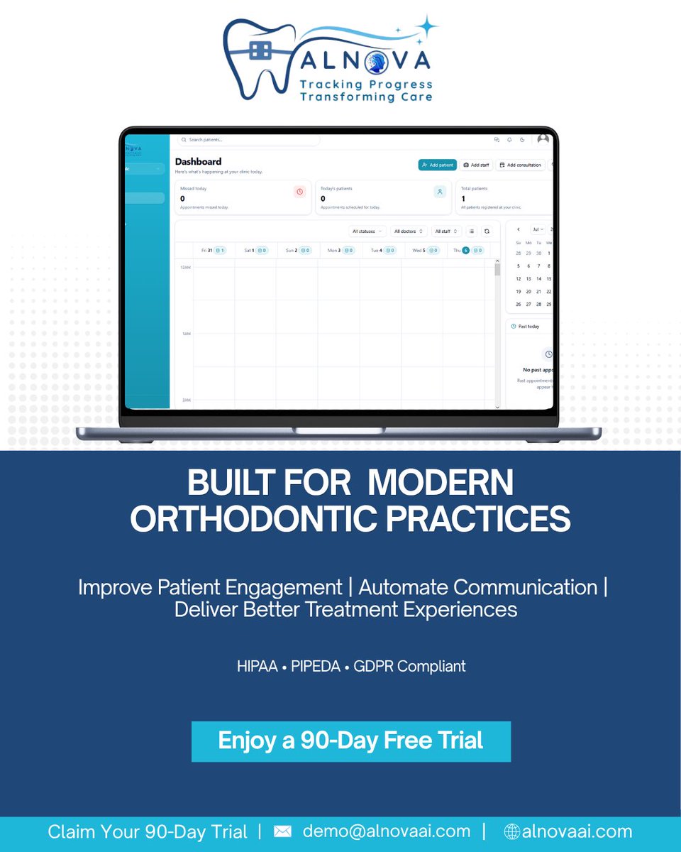 AlnovaDental's tweet photo. 🦷 Built for modern orthodontic clinics.
Simplify practice management. Improve patient engagement. Give your team more time for care.
✨ Try Alnova AI FREE for 90 days.
📅 Book a demo:
🌐 https://t.co/CgaIcriU7q
#AlnovaAI #Orthodontics #DentalTech https://t.co/GfsTgekB3Z