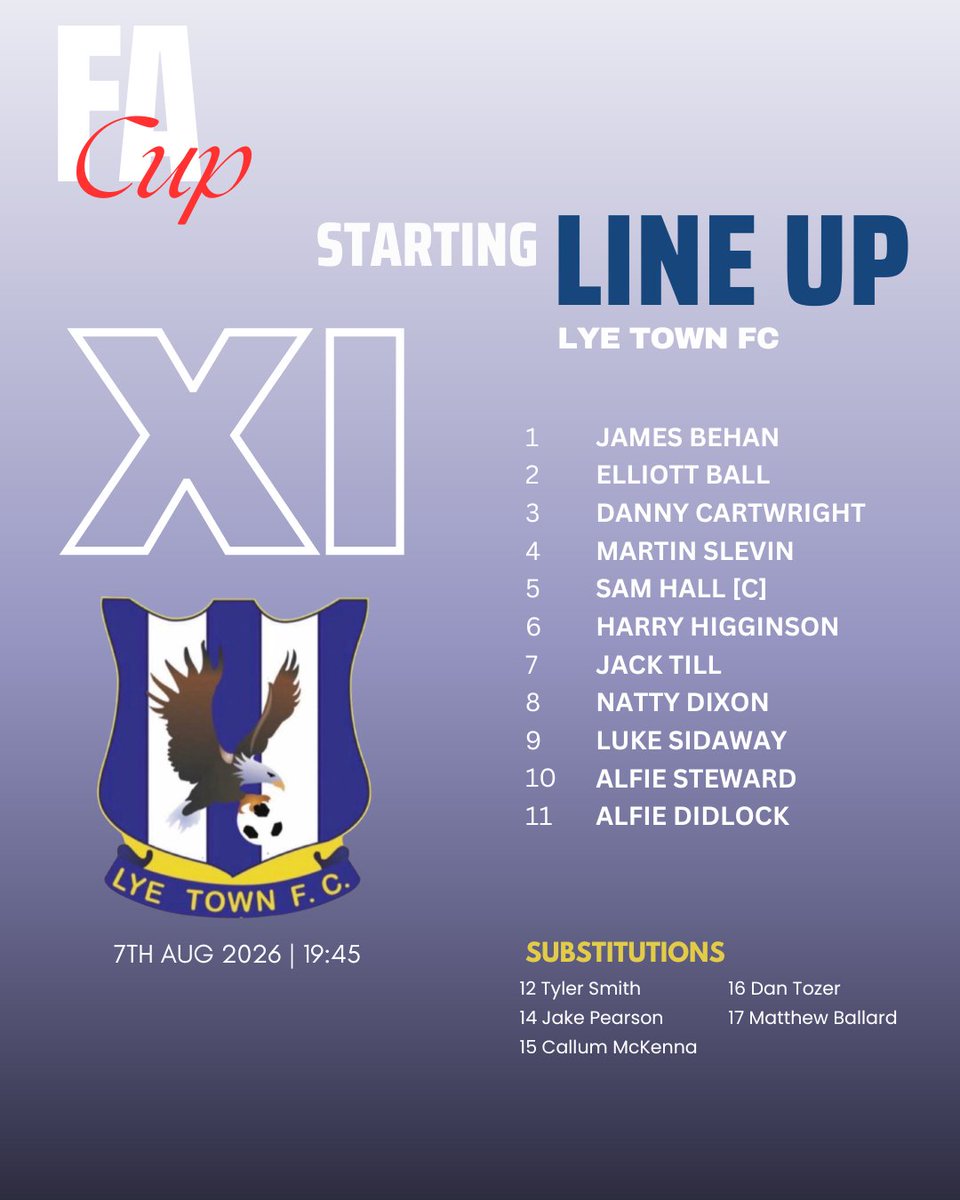 lyetownfc1930's tweet photo. Our Starting XI to face Stone in the @emiratesfacup 🔵🦅
#football #lyetownfc #startingxi #players #facup https://t.co/iT1f0LotfI