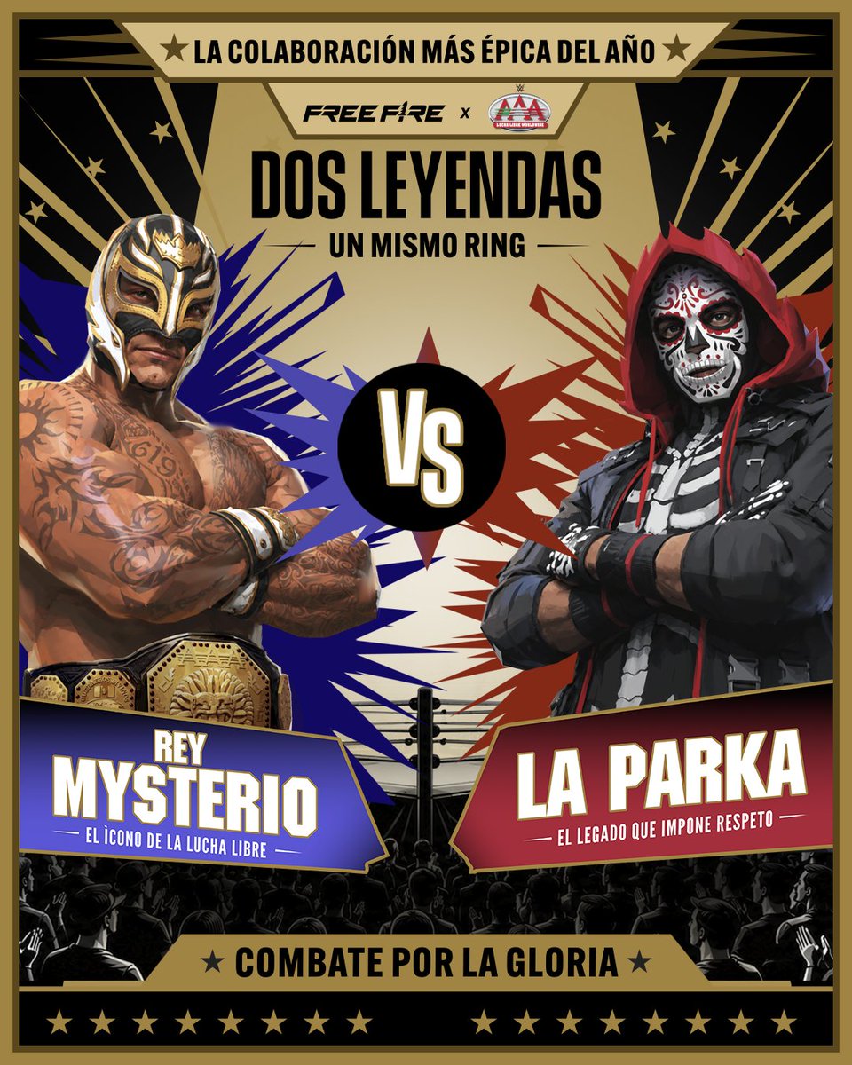 freefirelatino's tweet photo. Rey Mysterio y La Parka están frente a frente. 💥
Dos estilos, dos legados y un solo objetivo: demostrar quién domina el combate.
❓ Si solo uno pudiera llevarse el cinturón, ¿quién sería tu campeón? 👑
#FFxAAA #FreeFire https://t.co/TmVouzbasZ