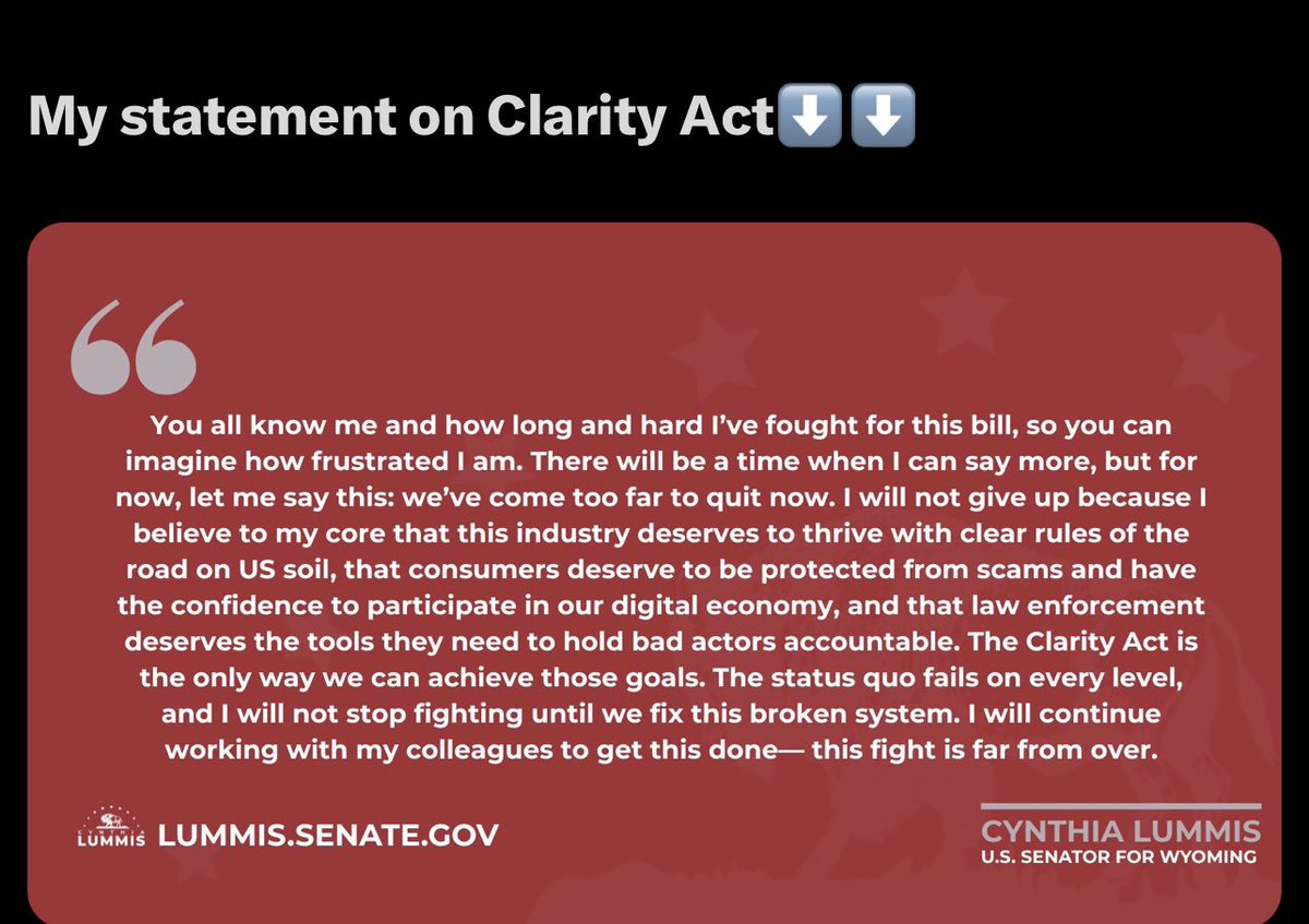 JAMESTHEXRPGUY's tweet photo. 🚨 BREAKING:

🇺🇸 Sen. Cynthia Lummis isn’t backing down.

“We’ve come too far to quit now… this fight is far from over.”

The CLARITY Act vote may be delayed until September, but the battle for crypto regulation continues. ⏳🚀

#CLARITYAct #XRP #XRPArmy https://t.co/84F6aCCfwJ