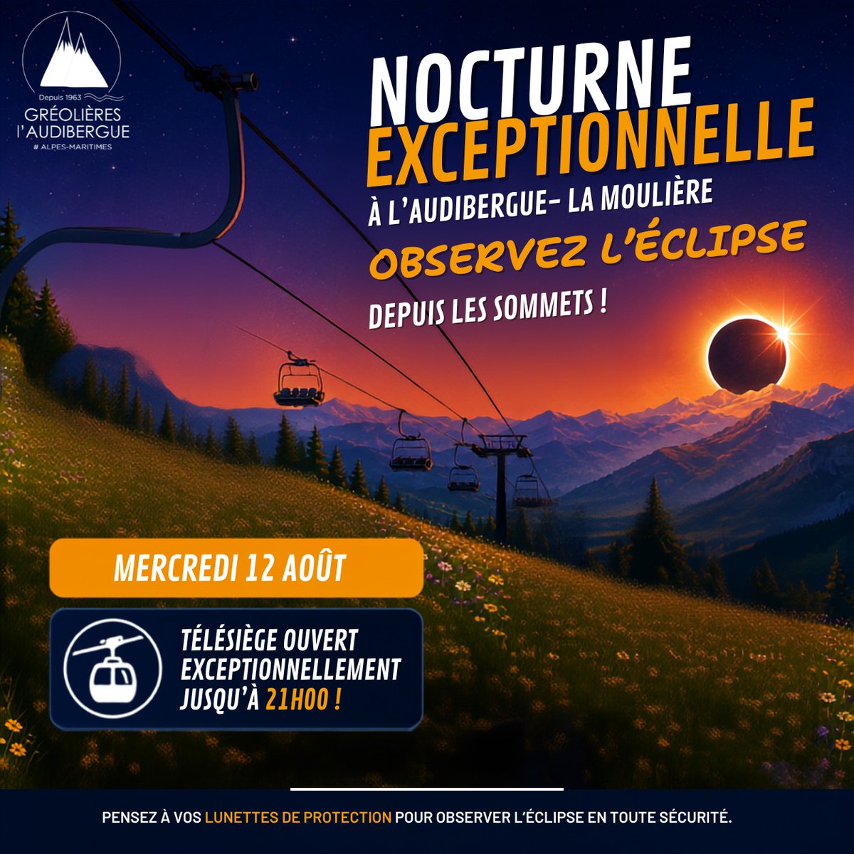 VisitCotedazur's tweet photo. Vivez l’éclipse solaire à l'Audibergue  ! 🌞🌑  

Ce mercredi 12 août, le télésiège sera ouvert pour admirer ce spectacle depuis les sommets.  
Début entre 19h20 et 19h30, maximum vers 20h15.  

Lunettes de protection indispensables !  😎

#CotedAzurFrance #Eclipse2026 https://t.co/Xhx8R0YfCZ