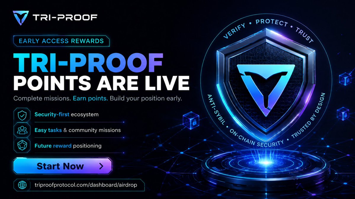 TriProof_'s tweet photo. Most airdrops start with hype.
Tri-Proof starts with utility. 🛡️

Our Points Program is now LIVE.

Complete missions. Earn points. Use real security tools. Build your position early for future ecosystem rewards.

Start ↓
https://t.co/aa5JN2xQeC https://t.co/vjLGBSyc6j