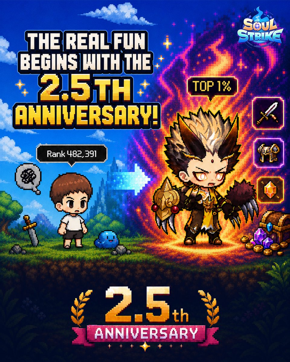 SoulStrike_EN's tweet photo. No more endless grind! Jump straight to Top 1% with our 2.5th Anniversary update.
Log in now and claim your power surge! 🚀
🎮 https://t.co/5geq8uPBC2
#SoulStrike #Anniversary #RPG #MobileGaming #LevelUp https://t.co/YWXQVMoKQk
