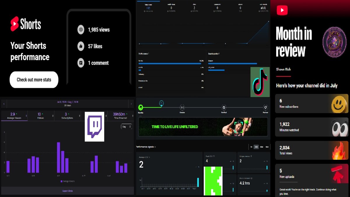 ShawnRichYT's tweet photo. August Analytics Update: 60 avg views across 5 platforms. YouTube is pulling the most reach, Twitch is top for chat! Pushing harder on YT soon. 
Full breakdown: https://t.co/yLcBfi1jHh or https://t.co/VTqgIrBljn
Live streams @ShawnRR_ (Twitch/YouTube/TikTok) &amp; @ShawnRR (Kick)! https://t.co/CTvaeEzrFU