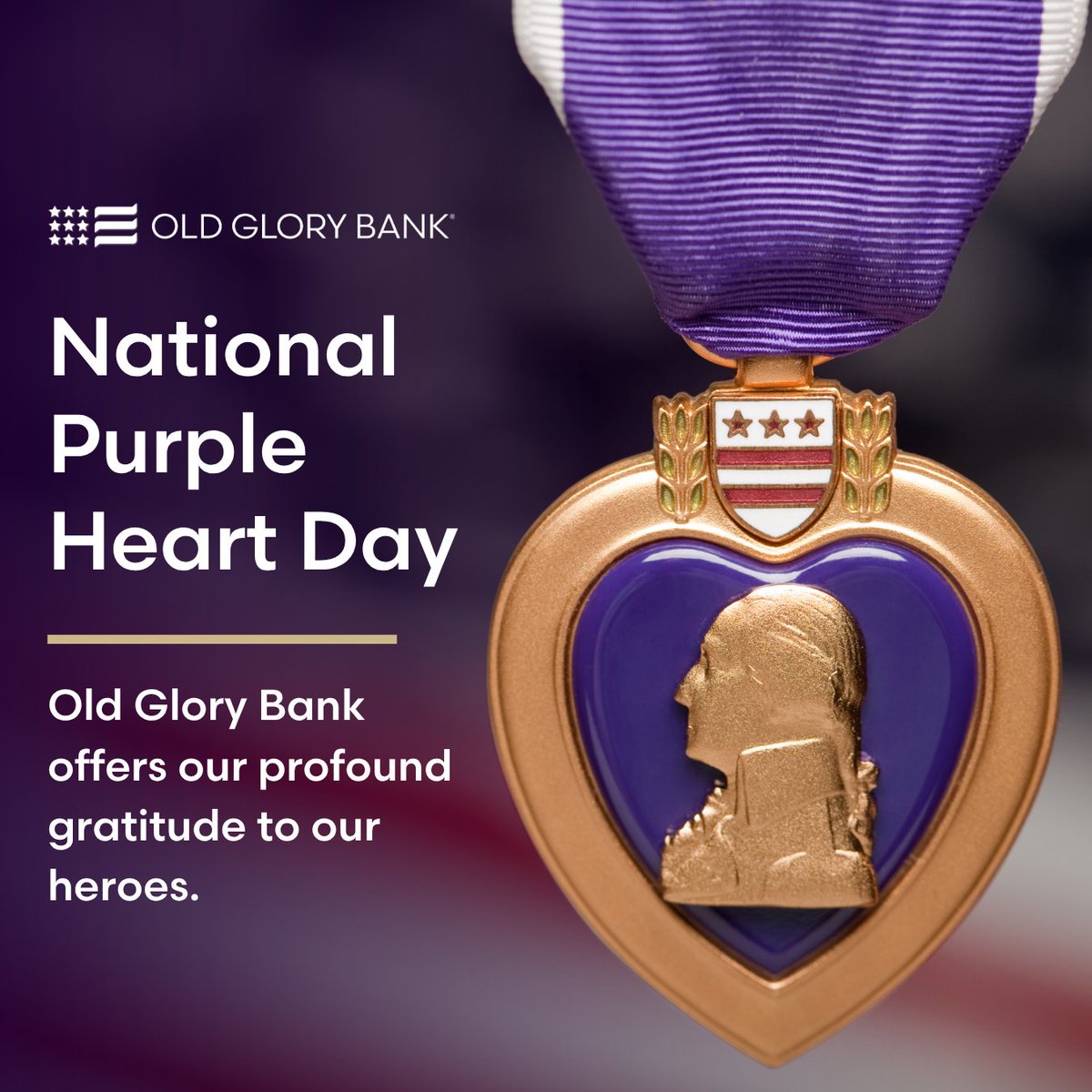 OldGloryBank's tweet photo. Today, we honor the extraordinary valor and sacrifice made by those who have defended our freedoms, no matter the cost. On National Purple Heart Day, we reflect on these heroes and their families, and we express our deepest gratitude for their bravery and dedication to our country.  

We would be honored to hear the stories of your loved ones who have been awarded the Purple Heart. Please share your memories and tributes to those who have earned this distinguished honor.