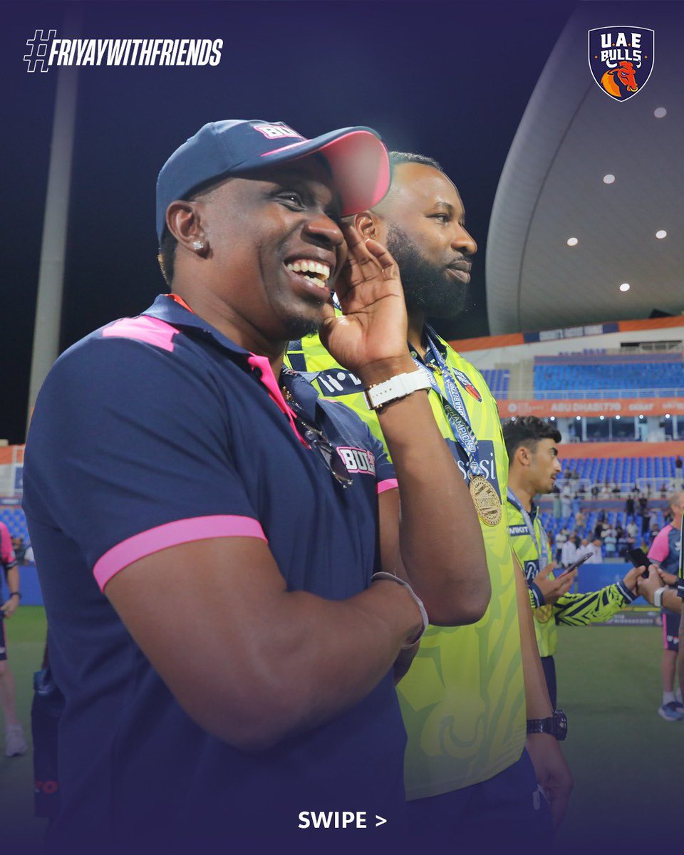Bulls_T10's tweet photo. Some partnerships go beyond the boundary. 🤝💛 #FriYayWithFriends

@KieronPollard55 @DJBravo47 

#UAEBulls | #YallaLetsGo | #KieronPollard | #SIRChampionDwayneBravo https://t.co/bYP8NznbJQ