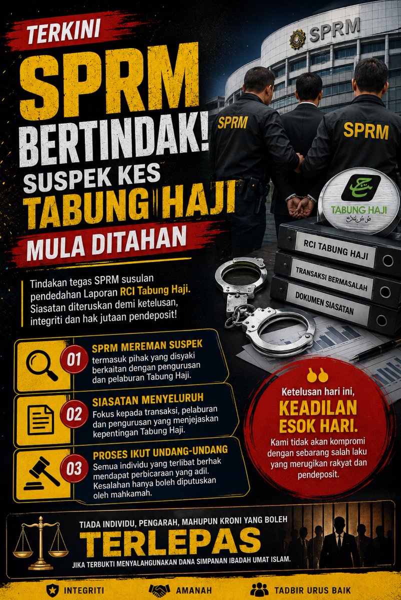 OFlavour27886's tweet photo. The MACC has begun detaining suspects to assist investigations related to the Tabung Haji case following findings highlighted in the Royal Commission of Inquiry (RCI) report. All legal proceedings will proceed according to the law. https://t.co/JCjORODEwZ