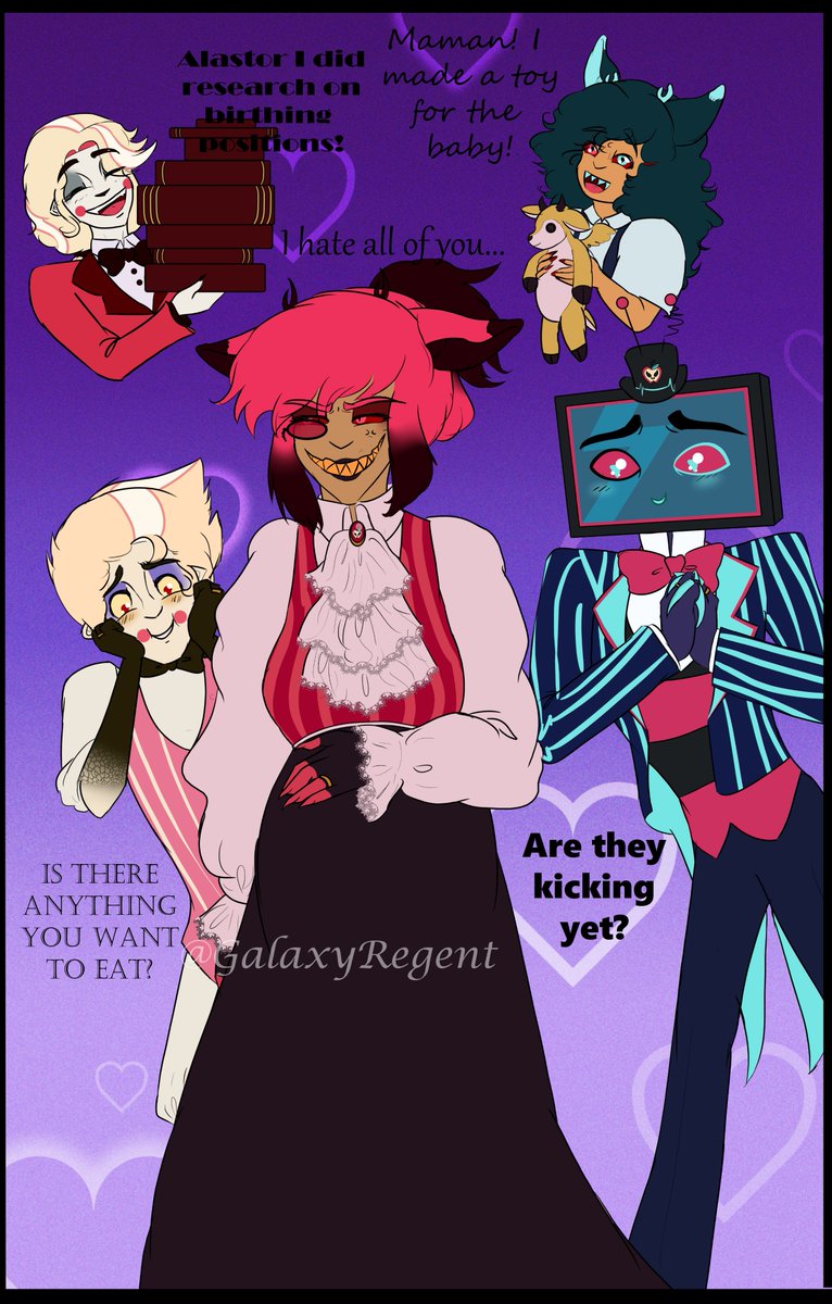 GalaxyRegent's tweet photo. The last time Alastor gave birth, she was alone in a cold bathroom with no idea what was happening.... She misses that now.

Just a fun AU where these 3 work it out

Thank you for the 750 Follows! It motivates me to know people like my work!
#evieverse #femAlastor #Applemedia https://t.co/0fzFN8NuOt