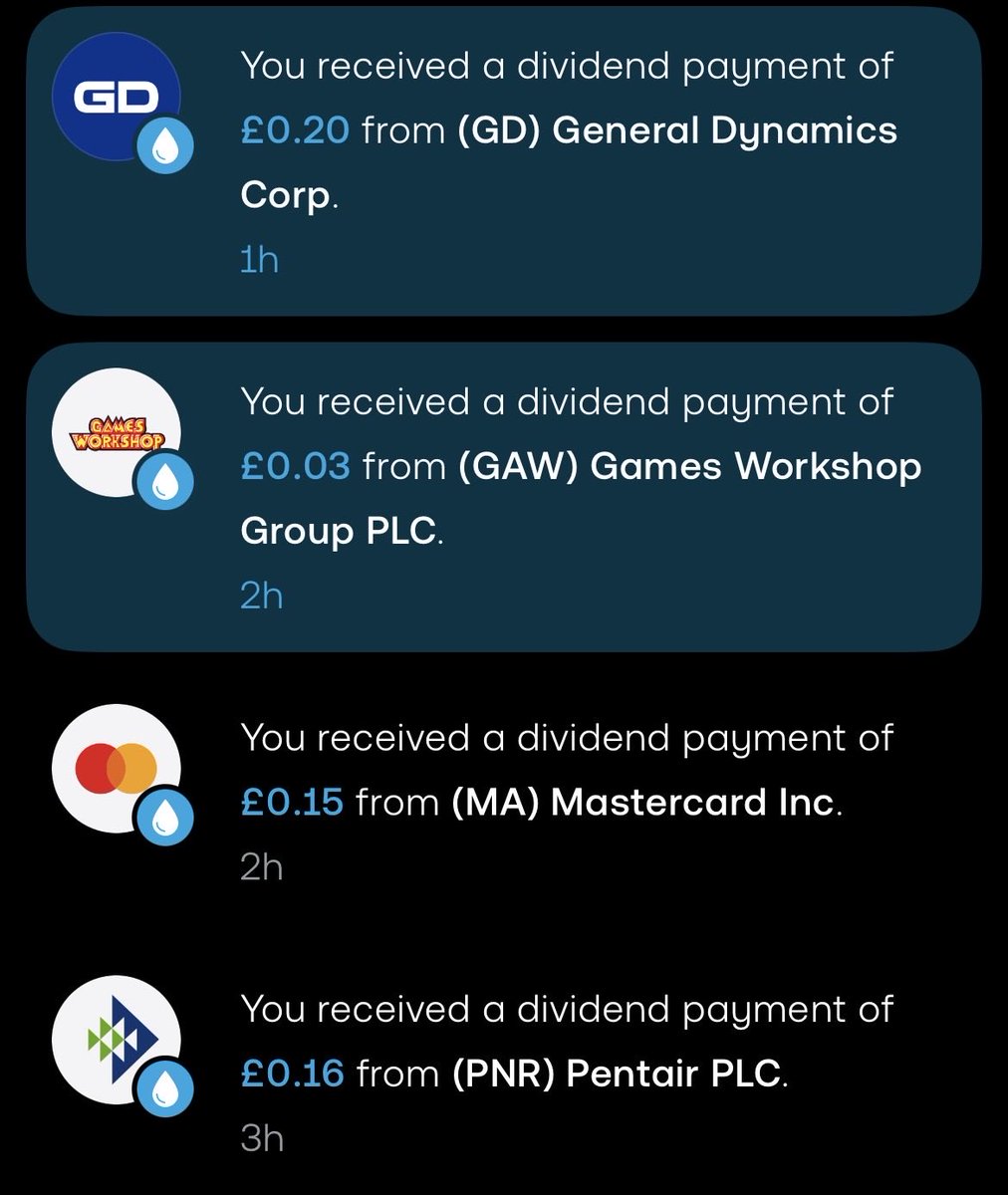 ry_Invests's tweet photo. 4 dividend payments received today! 🥳

£0.20 General Dynamics $GD 
£0.03 Games Workshop
£0.15 Mastercard $MA 
£0.16 Pentair $PNR https://t.co/JpjF1TvIWk