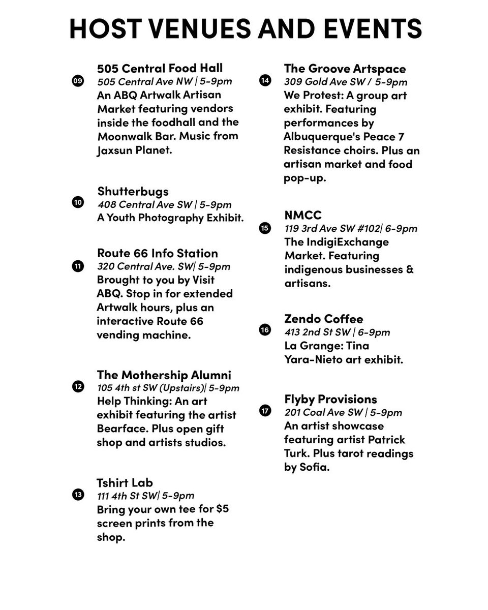 ABQartwalk's tweet photo. TONIGHT IS ABQ ARTWALK • 5–9 PM 

Grab this month’s map at participating locations or download it online to explore tonight’s exhibits, artisan markets, live music and special events across Downtown ABQ! https://t.co/YEbFa3PlRu