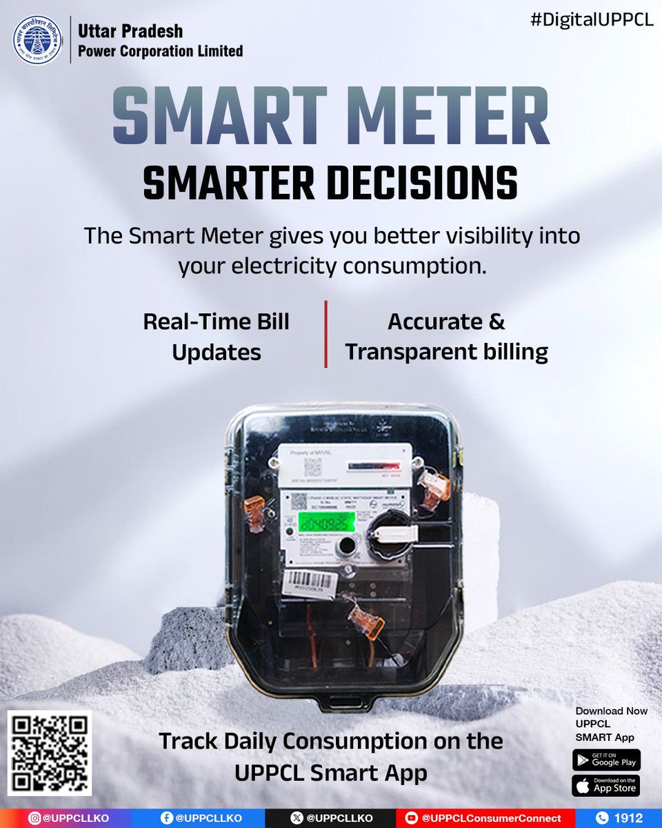 puvvnlballia's tweet photo. The Smart Meter helps you stay informed about your electricity usage with accurate billing and timely updates. Monitor your daily consumption through the UPPCL Smart App and manage your energy usage.
#UPPCL #SmartMeter #DigitalUPPCL #UPPCLSmartApp
@CMOfficeUP
@EMofficeUP
@aksharmaBharat
@mduppcl
@UPPCLLKO