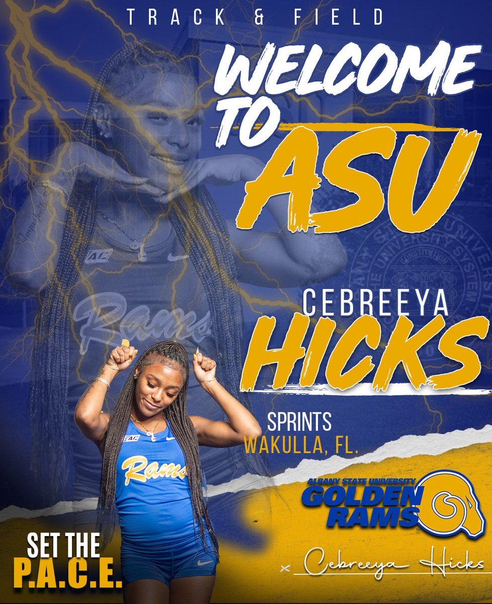 ASUTFXC's tweet photo. 💙💛 WELCOME TO THE RAMILY! 💛💙
Please join us in welcoming Cebreeya Hicks to Albany State Women's Track & Field! From Wakulla, FL to Albany, GA, we're excited to have her join the Blue & Gold! 🐏
#SetThePACE #TheStandard #ASUTrackandField #HBCUTrackandField #RAMS https://t.co/lM7BXL9kEs