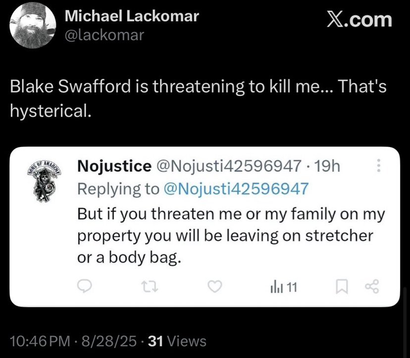 dandelion4256's tweet photo. @TheCult_CH Here is what’s wrong with Michael.  he think it’s ok to stalk harass and threaten people. But when someone does it him it’s wrong. He also told people of someone was on his property threatening them he will defend himself. But when nojustice said the same thing it’s a threat. https://t.co/UgEbgYG6RG